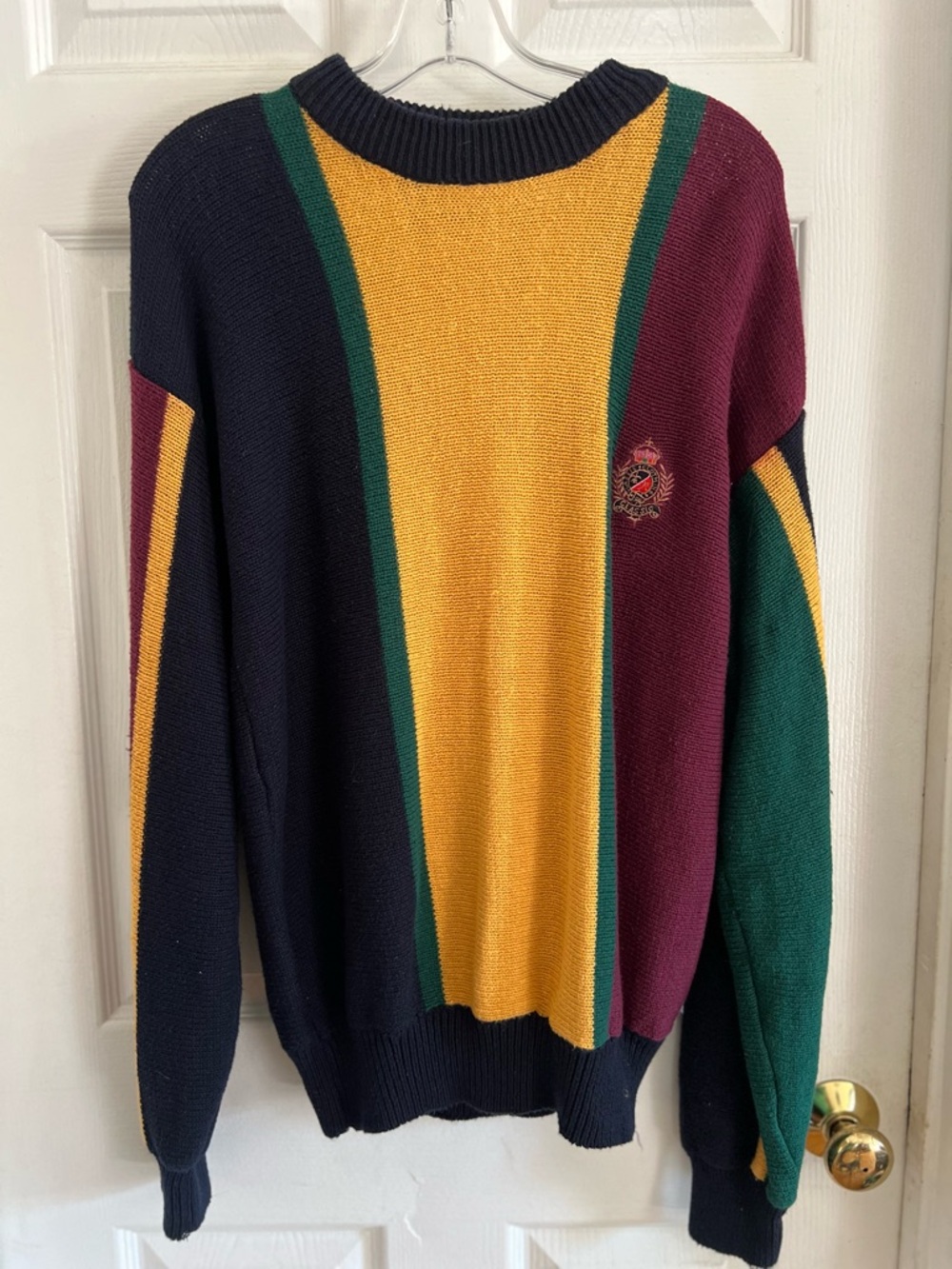 Vintage Hunting Horn Classic Embroidered Logo Colorblock Knit Men Sweater large